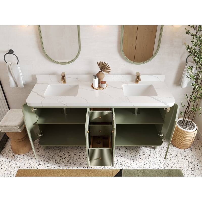 Willow Collections 72 in. W x 22 in. D Reeded Miami Double Bowl Sink Bathroom Vanity with Countertop