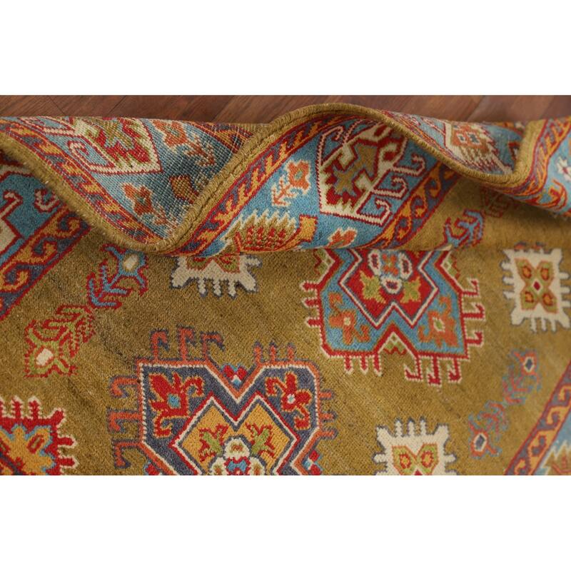 Kazak Accent Rug Handmade Yellow Geometric Wool Carpet - 3'4" x 4'10"