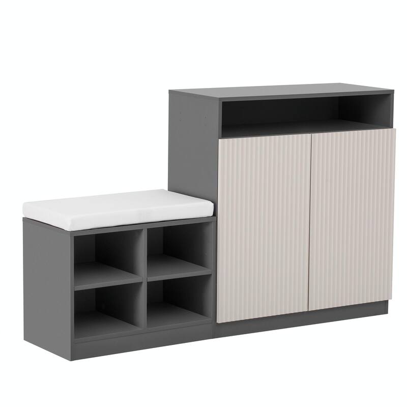 Living Room Cabinet with Shoe Bench, 2 Doors & 3-Tier Adjustable Shelves