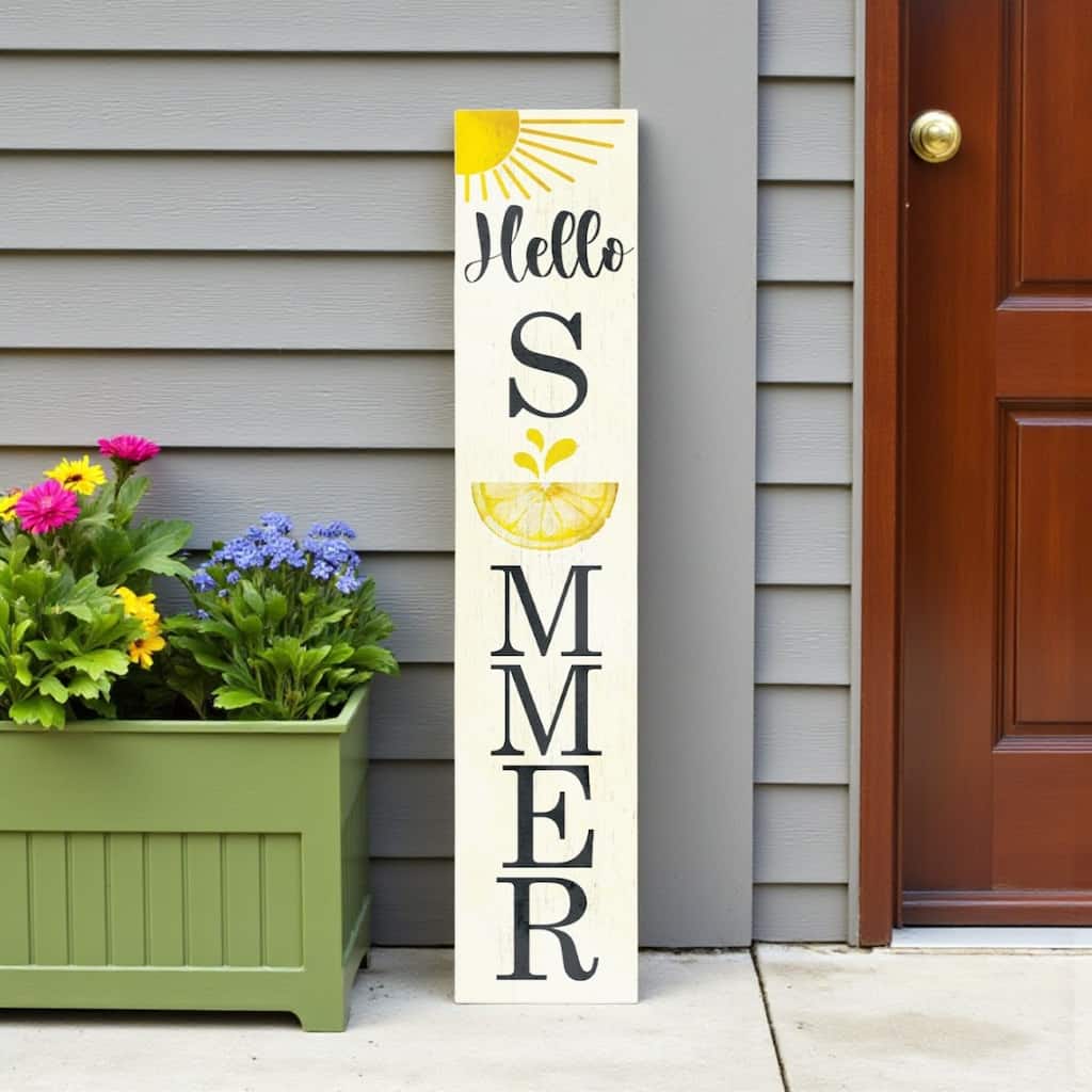 HomeRoots 48" White And Yellow Solid Wood Hello Summer Porch Sign