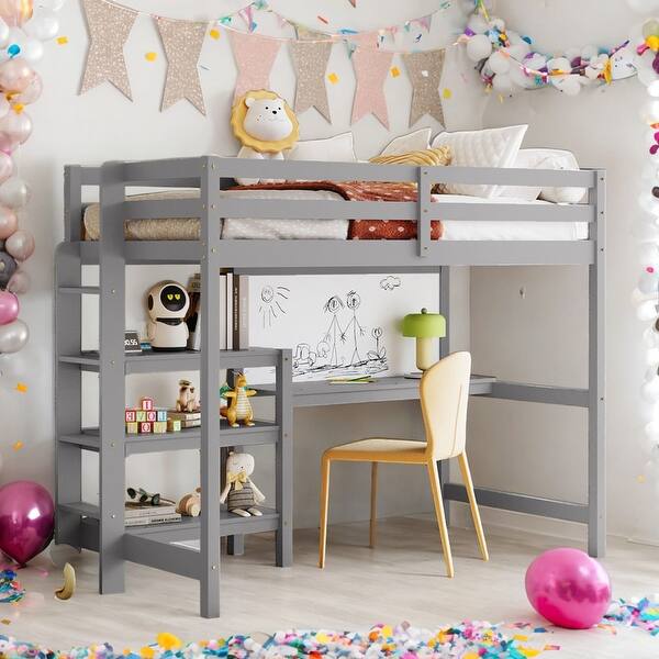 slide 2 of 14, Twin Size Wooden Loft Bed with Shelves, Desk and Writing Board, Grey Grey