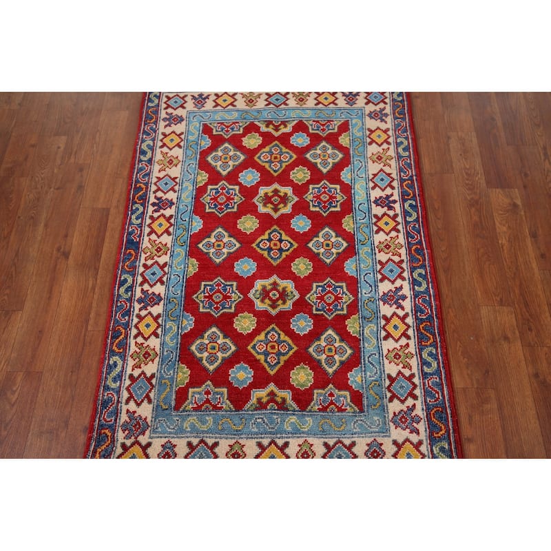 Kazak Accent Rug Hand-Knotted Geometric Red Wool Carpet - 2'8" x 4'1"