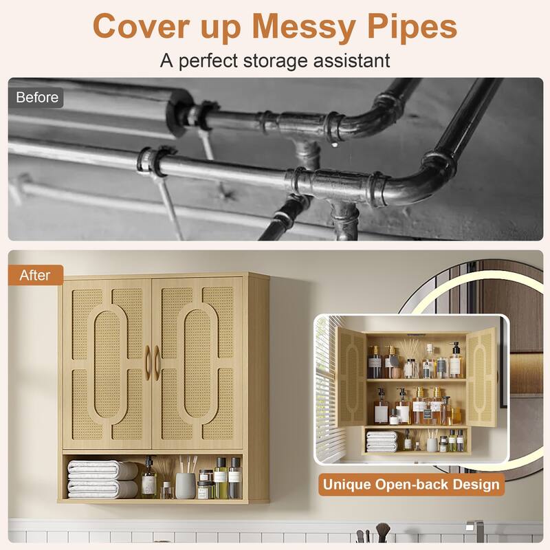 VECELO Oak Finish Wall Mounted Bathroom Cabinet Double Door Woven Rattan Medicine Cabinet with Adjustable Shelves & Open Storage