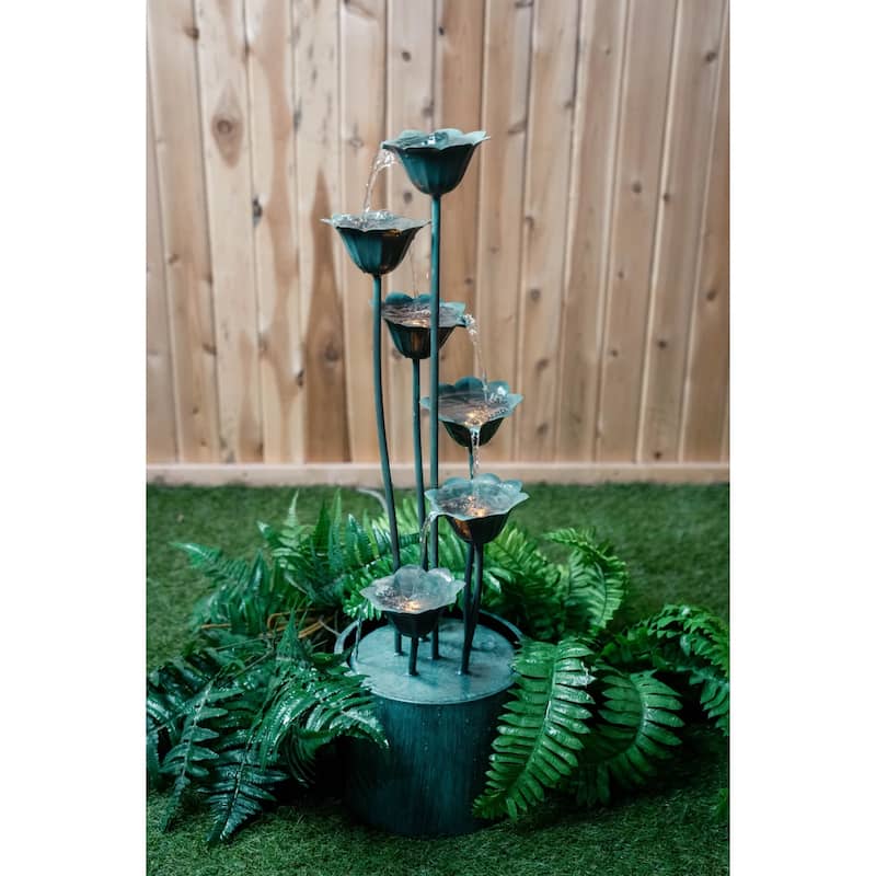 35" Chrome Black Metal Lily Flower Bucket Fountain 5-Watt LED