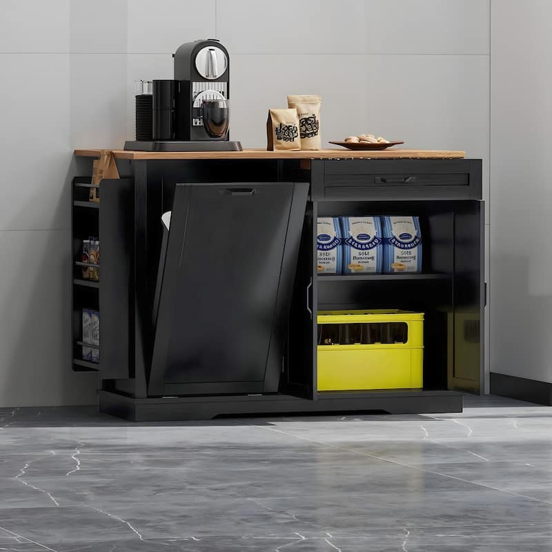 Moasis 50 Inch Drop Leaf Rolling Kitchen Island With Trash Can Storage Cabinet And Drawer