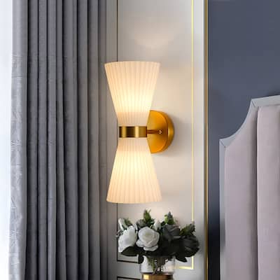 2-Light Hourglass Ribbed Glass Up & Down Wall Lamp Ambient Lighting