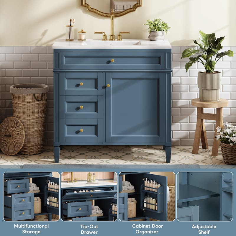 36"Bathroom Vanity with Top Sink, Bathroom Storage Cabinet with 2 Drawers and a Tip-out Drawer, Single Sink Bathroom Vanity