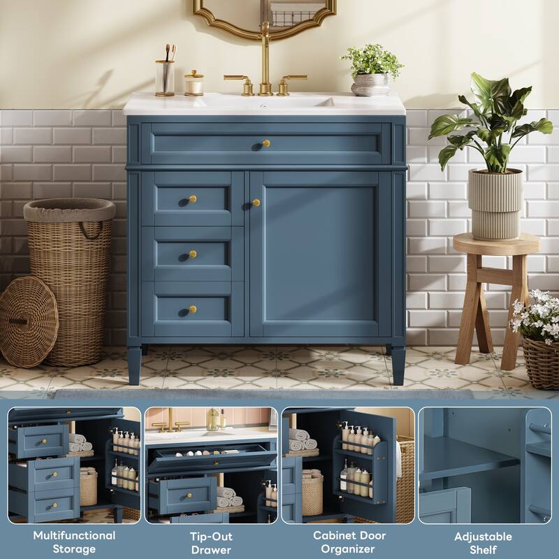 GDFStudio - Carradine Modern Freestanding Bathroom Vanity with Ceramic Sink and 2 Drawers & a Tip-out Drawer - 36'W