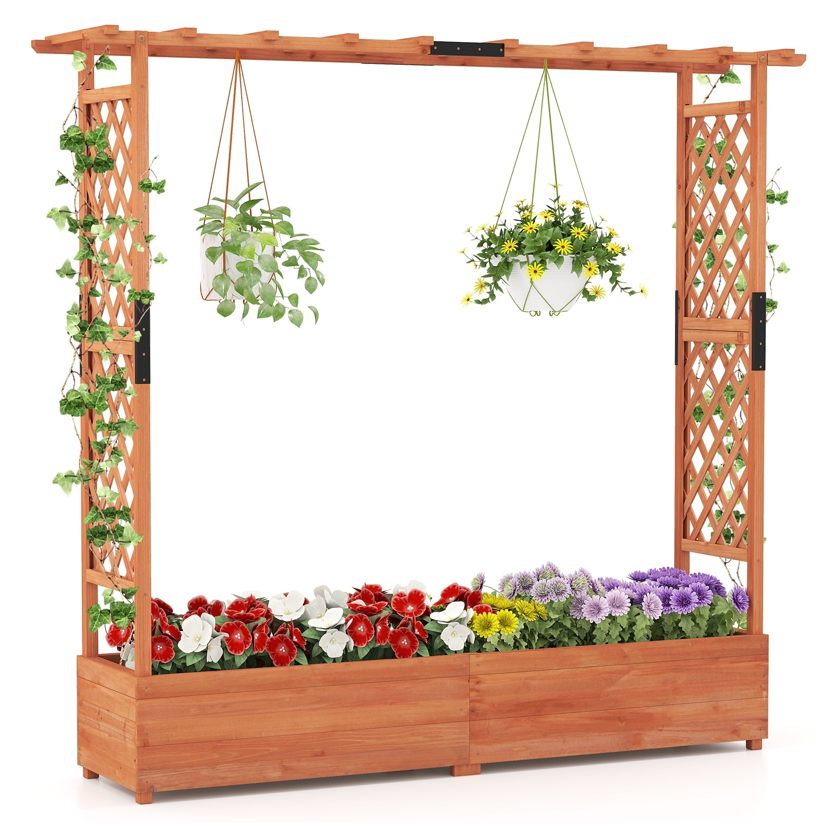 Gymax Raised Garden Bed Planter Box w/ Side & Top Trellis for Vine