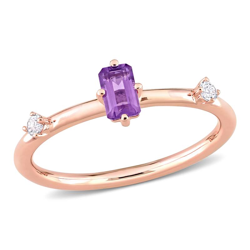 Miadora 10k Rose Gold Amethyst and White Topaz 3-Stone Stackable Rectangular Ring