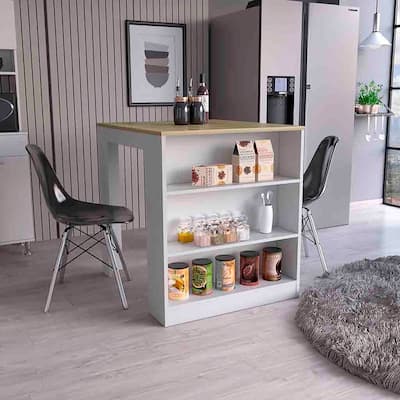 Kitchen Island Table, Two Legs, Three Side Shelves, White / Pine
