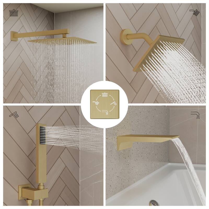 4-Spray Wall Mount 12 and 6 in. Dual Fixed and Handheld Shower Head with Waterfall Tub Spout (Valve Included) - 12" x 12"