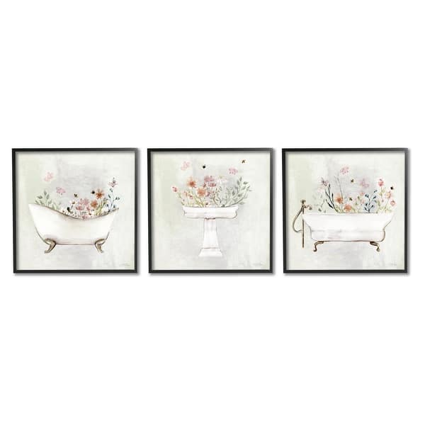 slide 2 of 28, Stupell Soft Floral Bathroom Scenes 3 Piece Framed Giclee Art Set Design by Stella Chang - Off-White 12 x 12 - Black