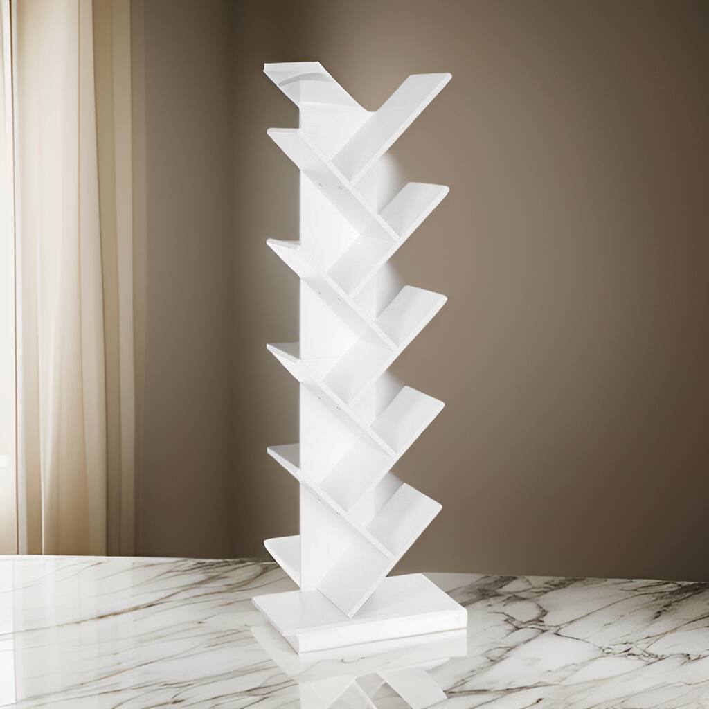 56 Inch Modern Bookcase, 8 Tree Style Branched Shelves, White Wood