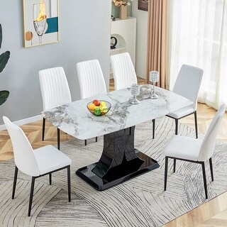 7-Piece Sets Faux Marble Dining Table Set with MDF Base and 6 PU Chairs ...