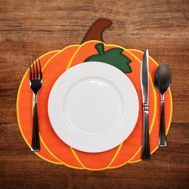 Embroidered Pumpkin Fall Harvest Placemats - 13" - Orange and Green - Set of 4