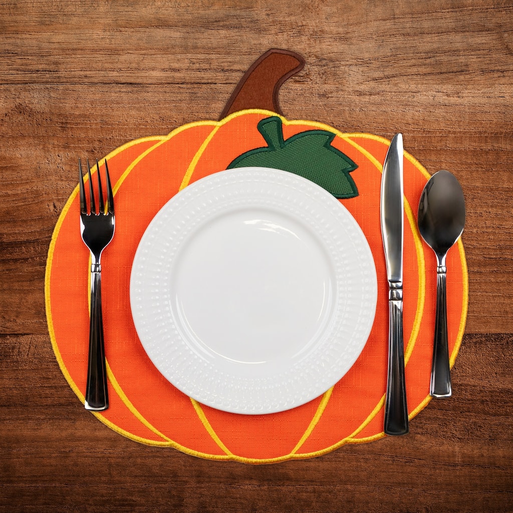 Embroidered Pumpkin Fall Harvest Placemats - 13" - Orange and Green - Set of 4