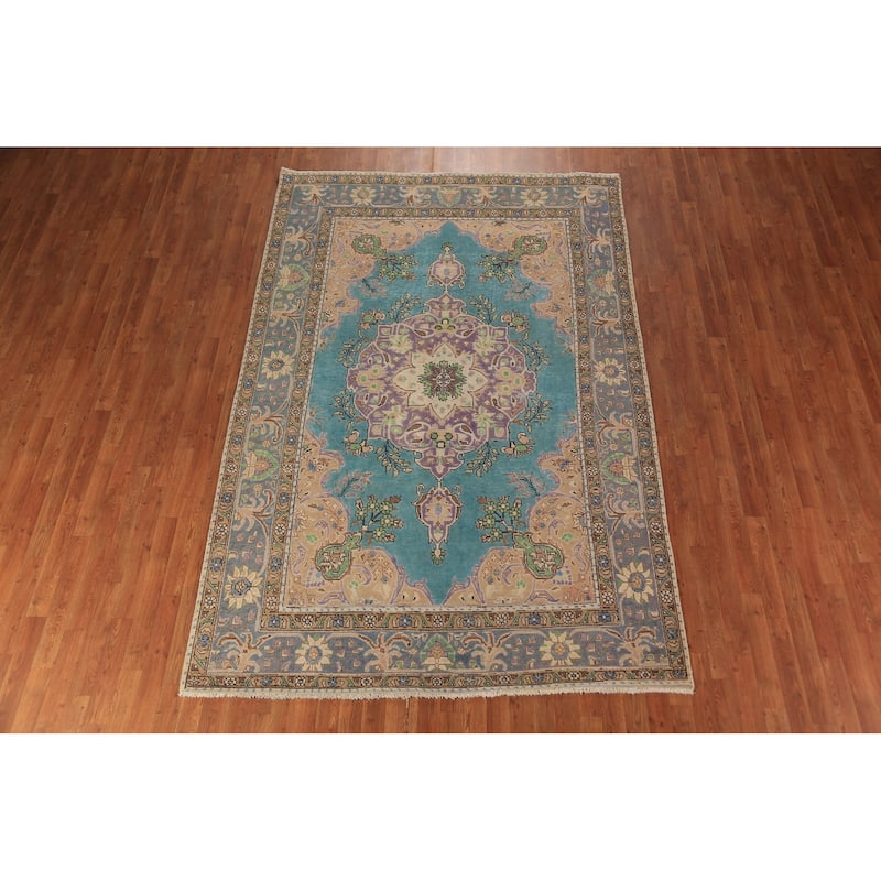 Turquoise Blue Medallion Tabriz Persian Area Rug Handmade Wool Carpet - 6'4"x 9'10"