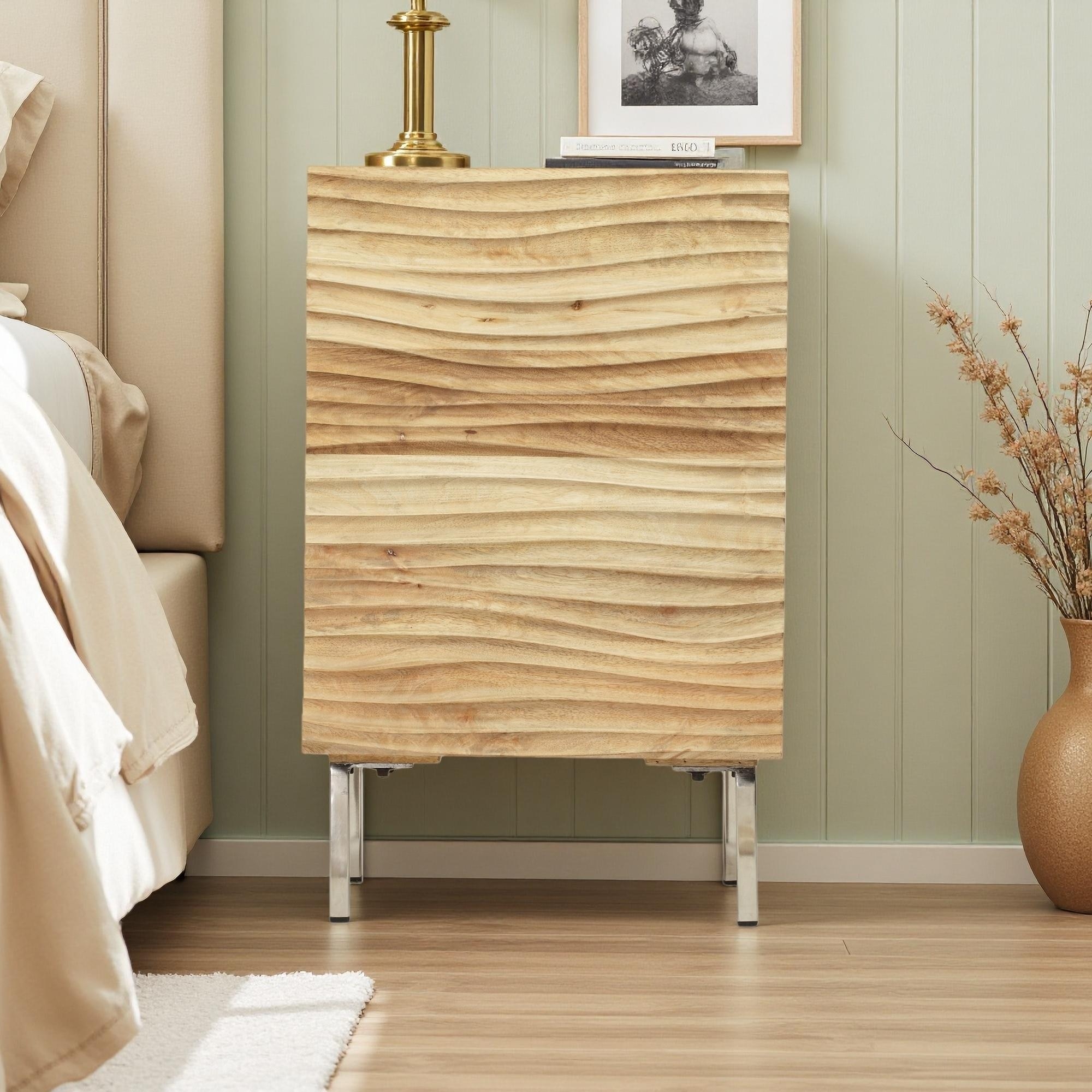 18"L Mango Wood Nightstand, Wave-Pattern Cabinet, Iron Legs, Handcrafted Modern
