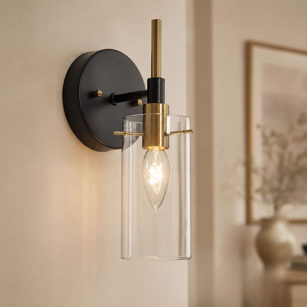 Modern Farmhouse 1-Light Black Gold Wall Sconce Light Fixture with Glass Shade