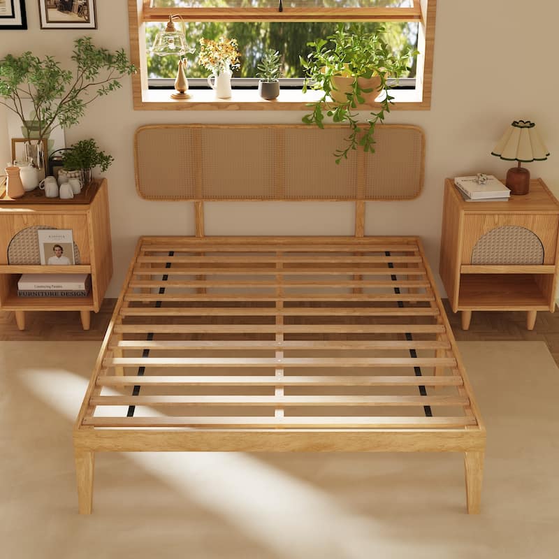 Solid Wood Platform Bed Frame with Rattan Headboard, 600 lbs Heavy Duty Support, Plywood Slats Queen / Full Size