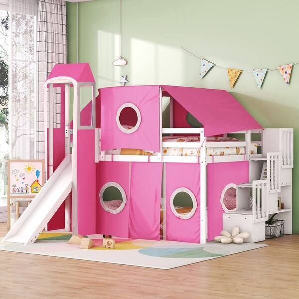 slide 2 of 11, Full Size Loft Bed with Slide, Tent and Tower Pink