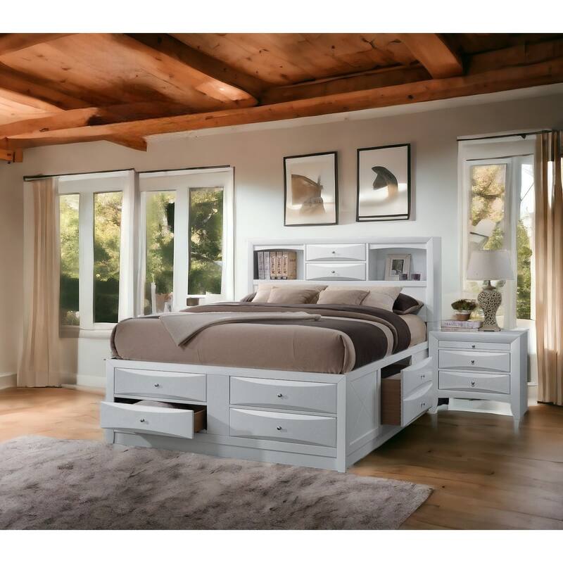 White Queen Storage Bed with 8 Drawers & Bookcase Headboard, No Box Spring Needed
