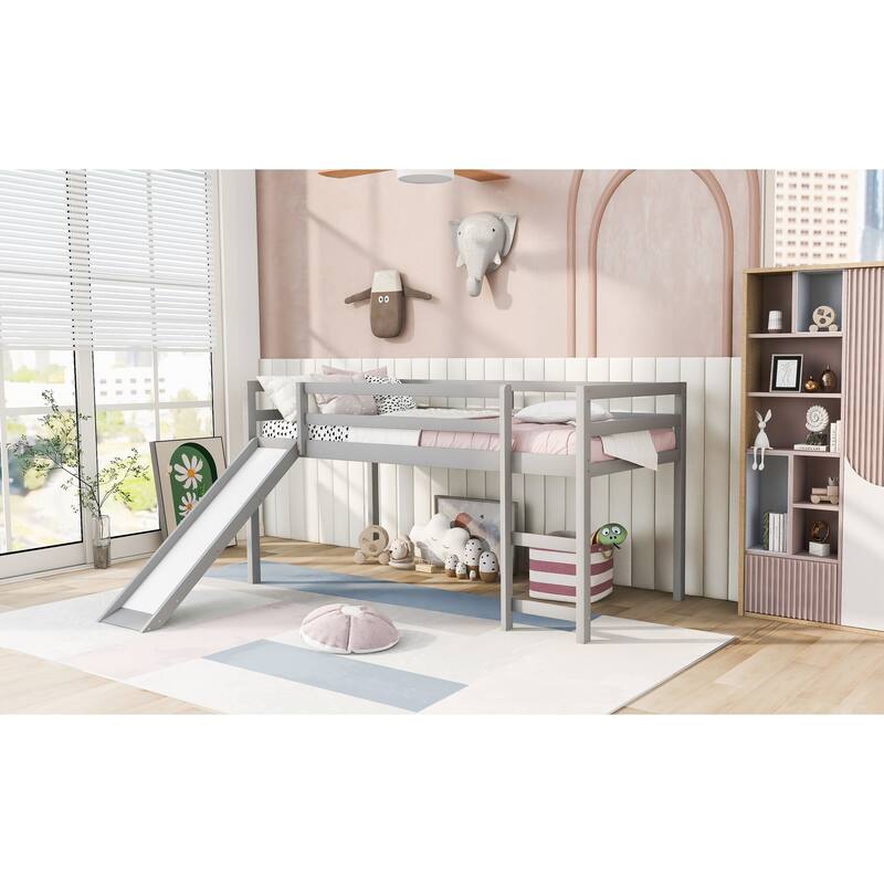 Gray Twin Size Solid Wood Loft Bed with Slide, Fence and Multifunctional Design for Bedroom