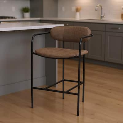 HomeRoots 27" Brown and Black Faux Leather and Metal Low Back Counter Height Bar Chair