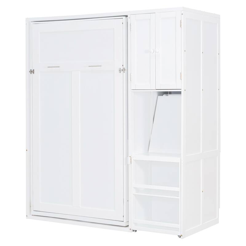 Twin Size Rotating Murphy Wall Bed with Bookshelf, Top Cabinet, Modern Foldable Cabinet Bed with Extendable Desk, Side Storage