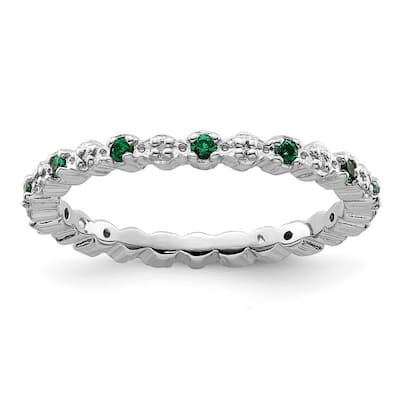 Curata 925 Sterling Silver Polished Prong set Stackable Expressions Cr. Emerald and Diamond Ring