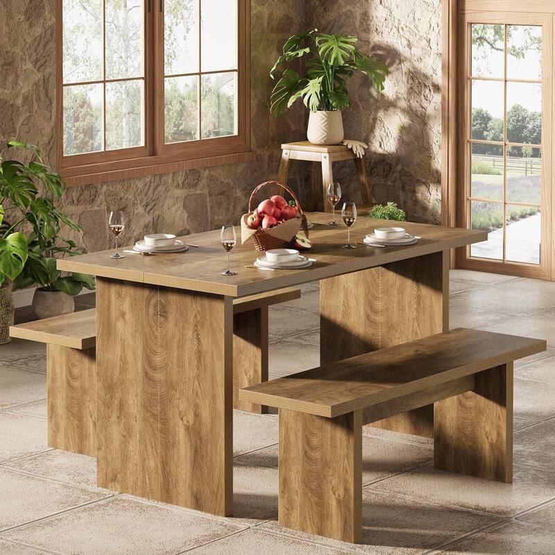 3 Pieces Rectangular Dining Table Set with 2 Benches, 55" Farmhouse Kitchen Table Set