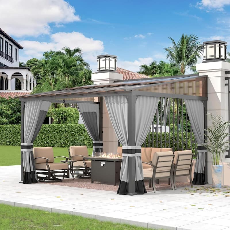 Wall Mounted Gazebo, Hardtop Permanent Outdoor Shade Canopy with Curtains for Deck, Backyard, Patio