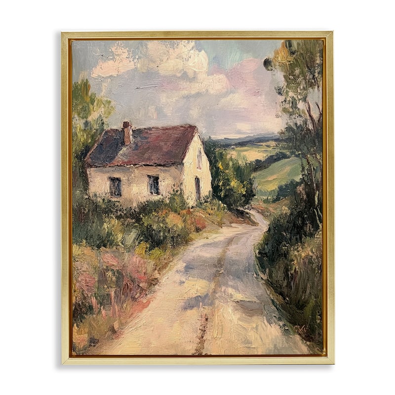 Stupell Scenic Cottage Road Framed Floater Canvas Wall Art Design By Petal Prints Design - 17 x 21 - Gold