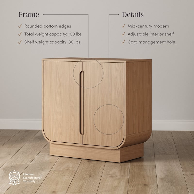 Joey Mid Century Modern Storage Cabinet, Arched Accent Cabinet with Rounded Bottom Edges and Integrated Door Pull Cutouts