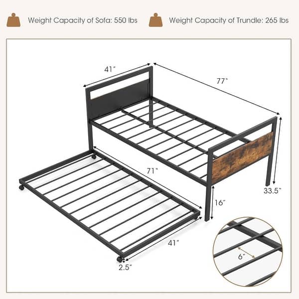 Twin size Industrial Farmhouse Metal Wood Daybed with Trundle Bed Frame - Multi