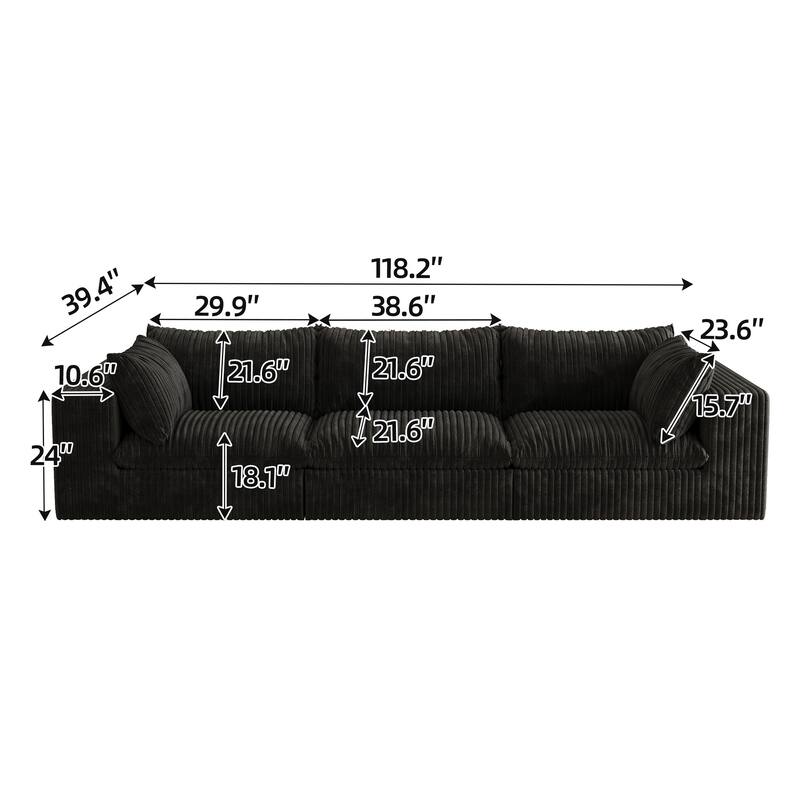 Pure Sponge Frame Lounge Sofa 3 Seater Corduroy Upholstered Modular Couch with Removable Down Fill Cushions and Pillows