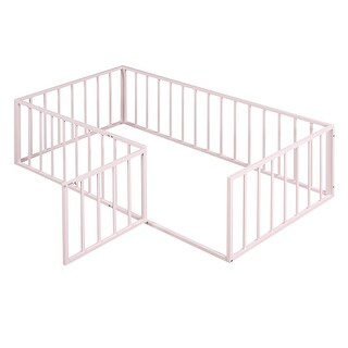 Pink Twin Size Floor Bed for Children, Metal Montessori Bed Frame with Fence & Door, Montessori Platform Bed for Girls and Boys
