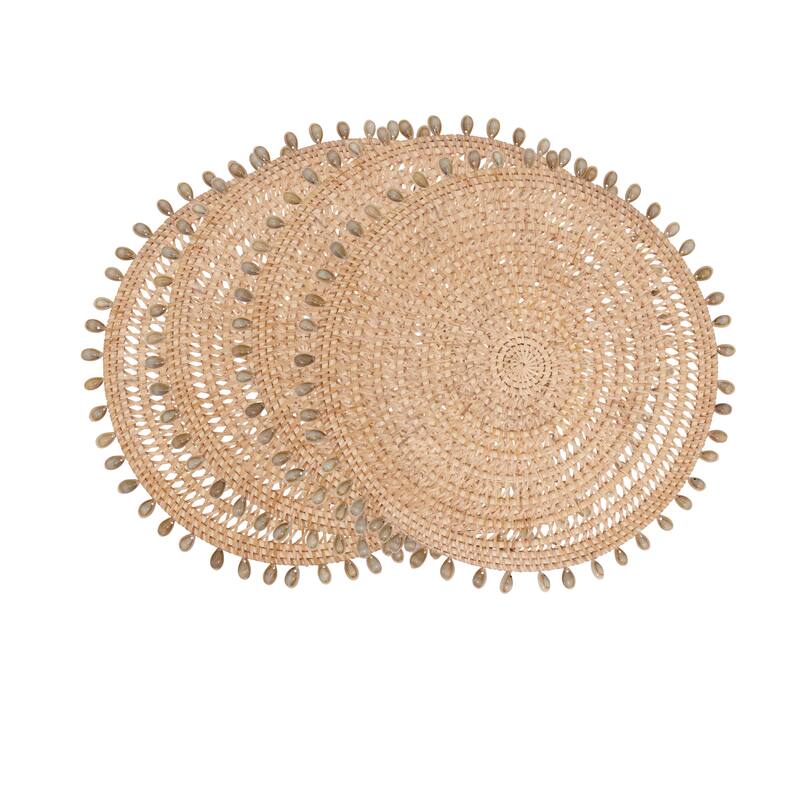 Rattan & Shell Beaded Round Placemats (Set of 4) - Handwoven Natural Fiber Design for Dining, Entertaining & Layered Styling