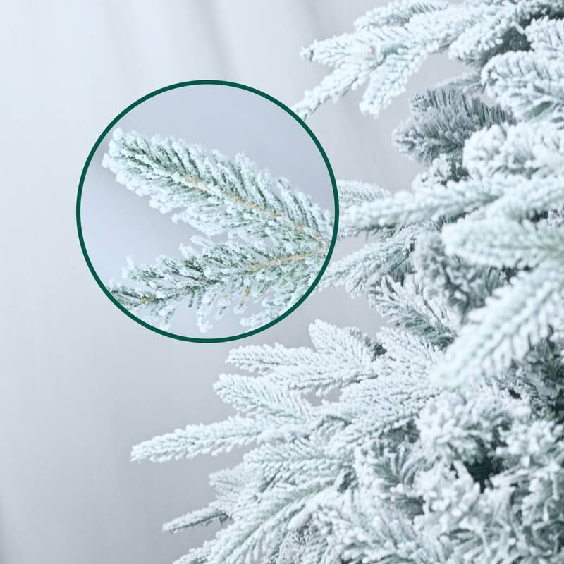 Pre-Lit Flocked Artificial Christmas Tree - Warm White Incandescent Lights, Snowy PE/PVC Branches, Metal Stand - Green,White