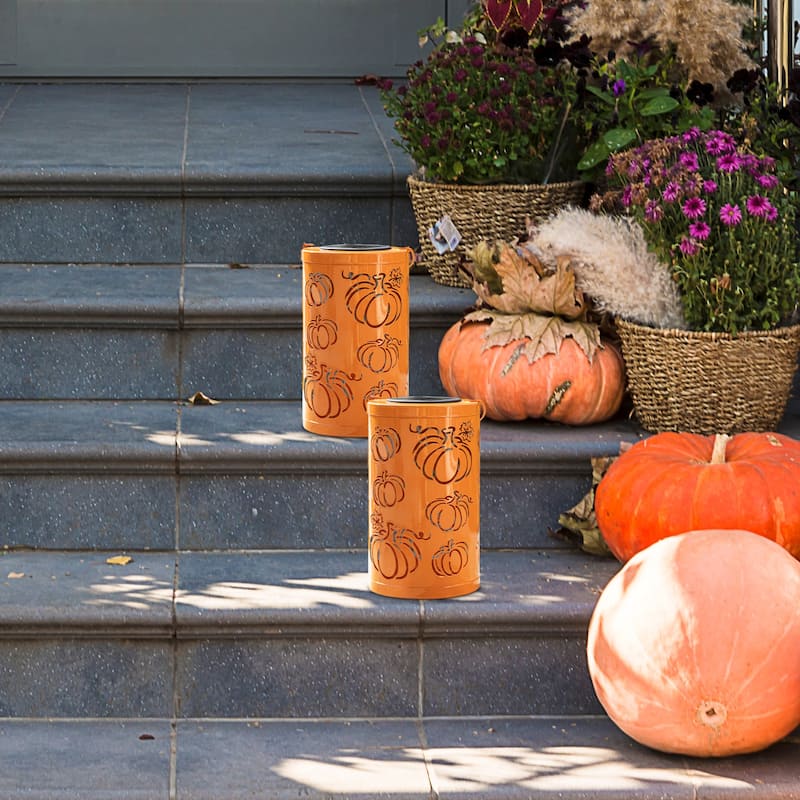 Glitzhome Fall Thanksgiving Pumpkin Pattern Metal Solar Powered LED Lanterns
