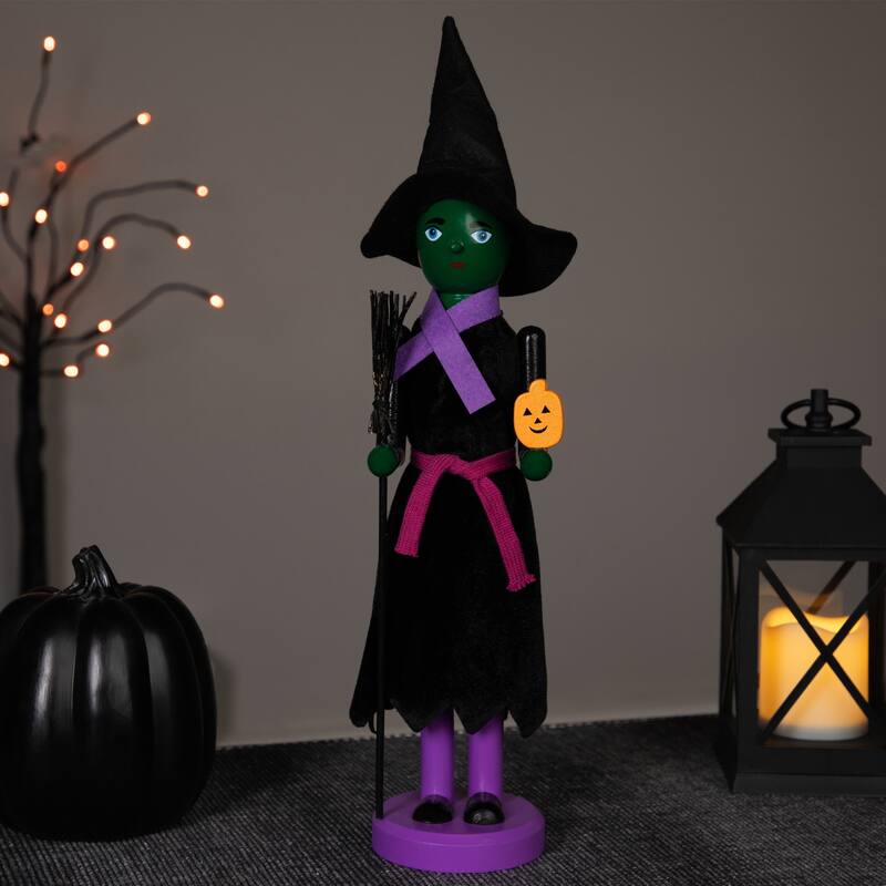 14" Black Green Witch Jack-O-Lantern Halloween Nutcracker with Broom