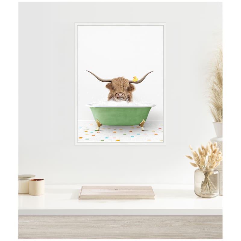 Kate and Laurel Sylvie Highland Cow in Green Bathtub on Colored Tile Framed Canvas by Amy Peterson