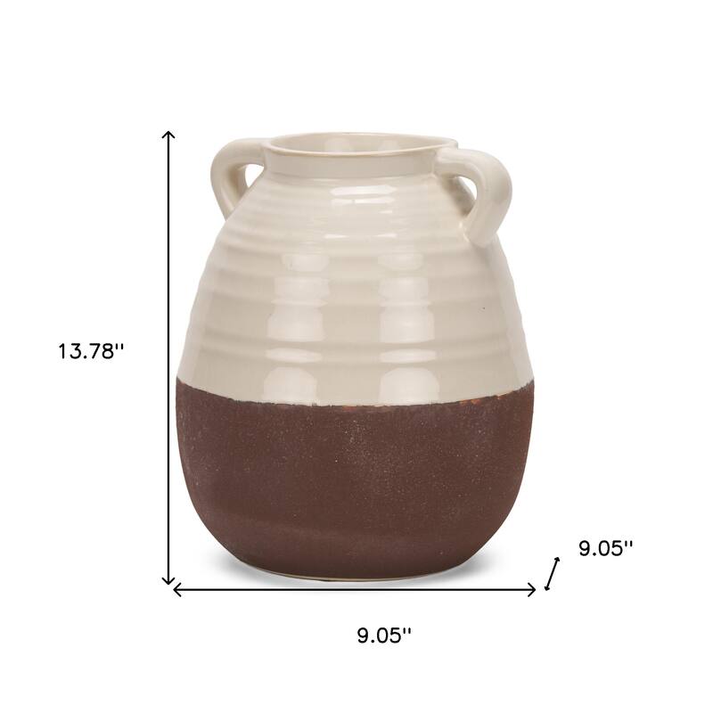 14" Brown And Cream Ceramic Amphora Table Vase - 9.05
