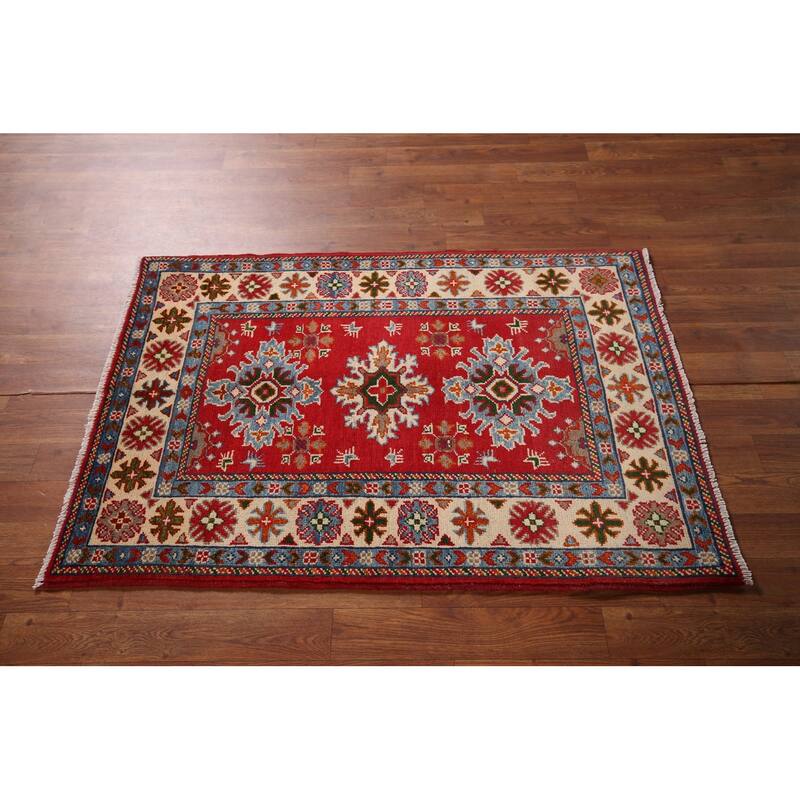 Geometric Kazak Foyer Rug Hand-Knotted Red Wool Carpet - 2'8" x 3'11"