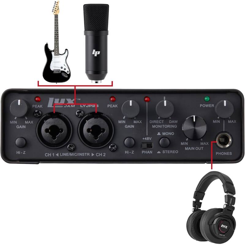 LyxJam 2x2 Recording USB Audio Interface with ASIO Driver, Studio Software Bundle & Accessories