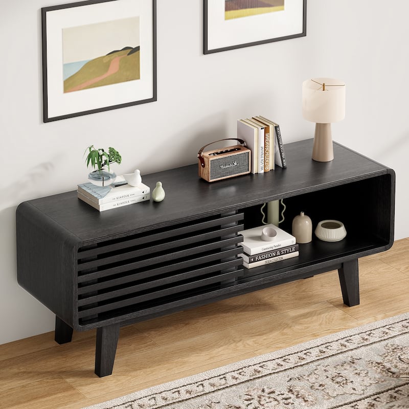 TV Stand for TV Up to 59 Inch, Entertainment Center with Storage Cabinet and Sliding Door, Mid-Modern Century Console Table