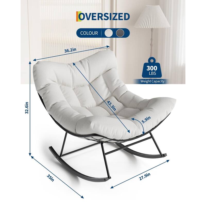 Outdoor Papasan Rocking Chair, Oversized Rocking Chair with Sturdy Metal Frame, Patio Rattan Egg
