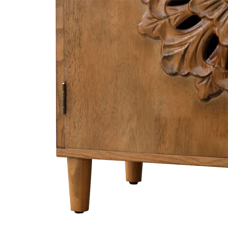 Wood Sideboard Buffet Cabinet, Hand-Carved 2-Door Accent Cabinet, Storage Cabinet with Floral Motif