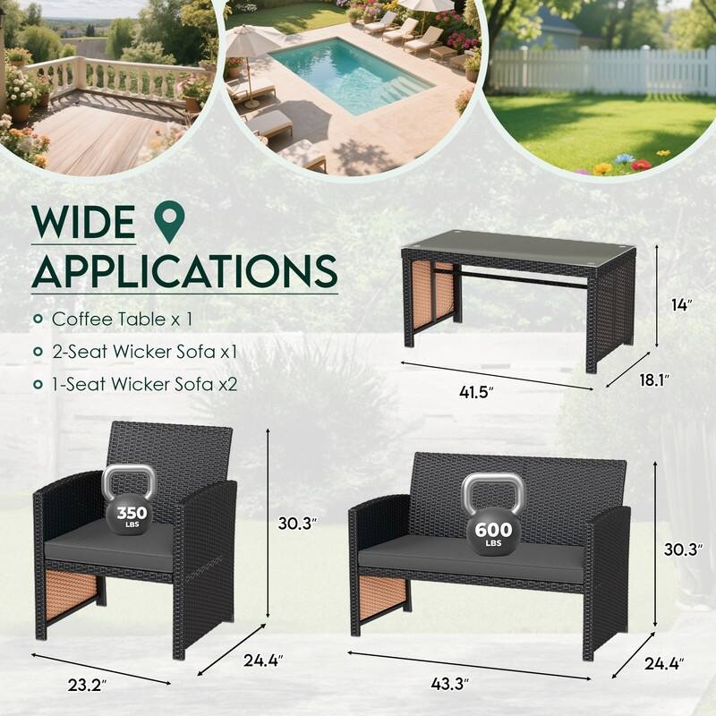 EROMMY 4-Piece Patio Furniture Set with Cushions, Wicker Sofa and Glass Coffee Table, All-Weather PE Rattan Conversation Set